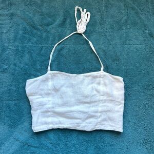 120% Lino Linen Sleeveless Halter Crop Top 46 L White Lace Up Back Coastal Beach